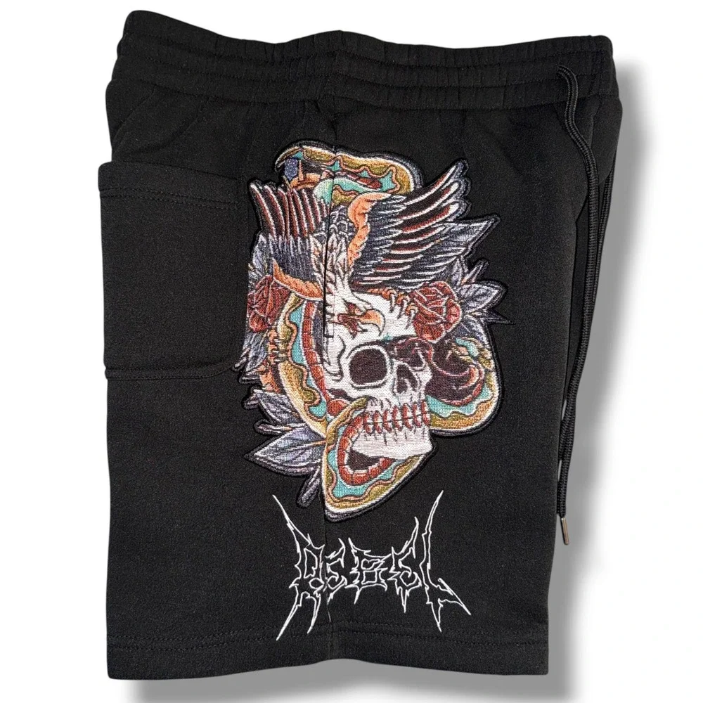 Rebel Vengeance Sweat Shorts Mens Medium Black‎ Embroidered Skull Eagle Gothic